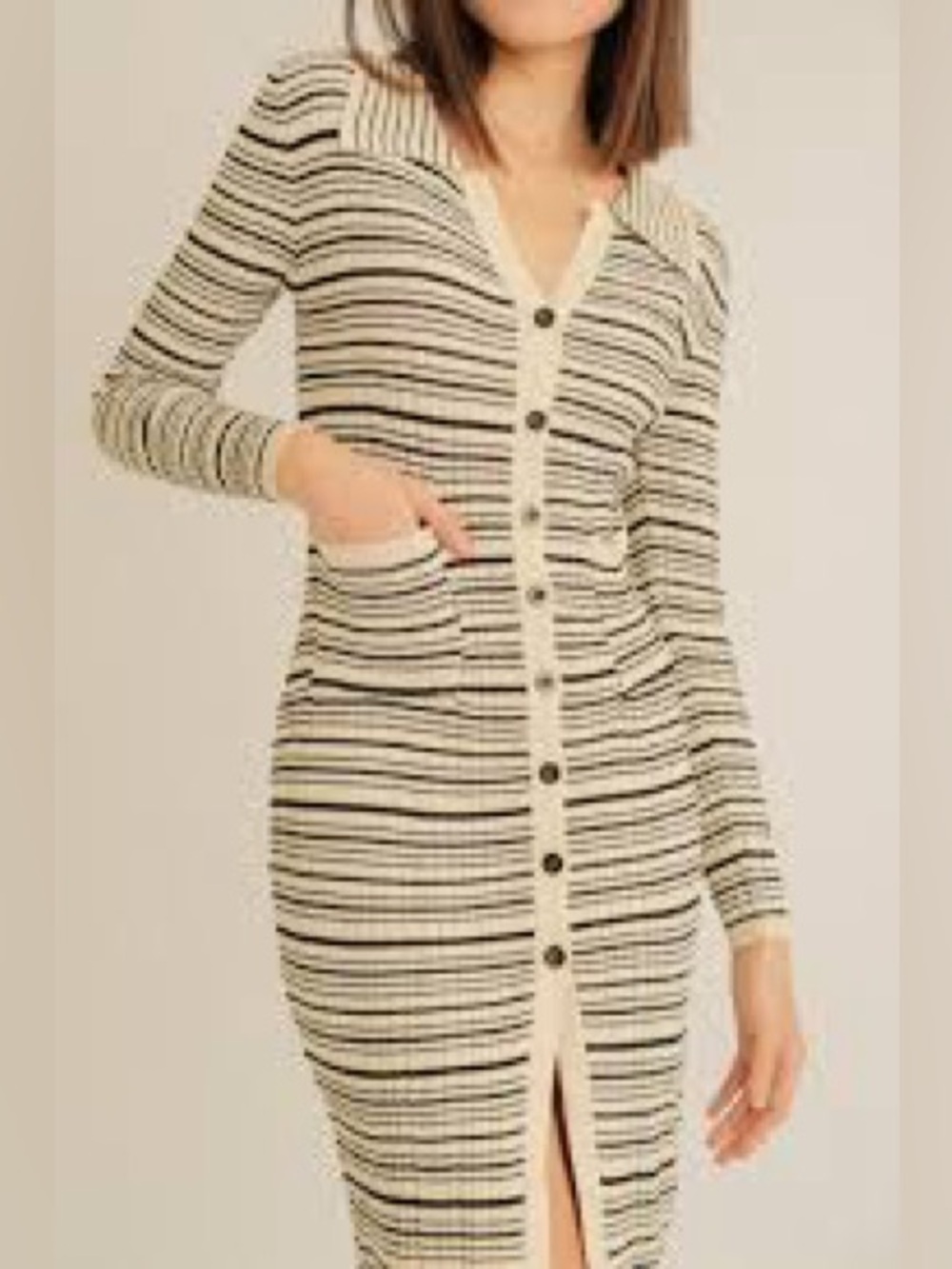 Commense small Striped Button-Front Knit Cardigan Dress in Cream and Black